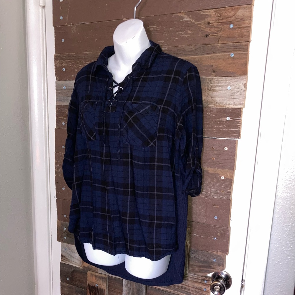 Navy and black, high low, plaid top.